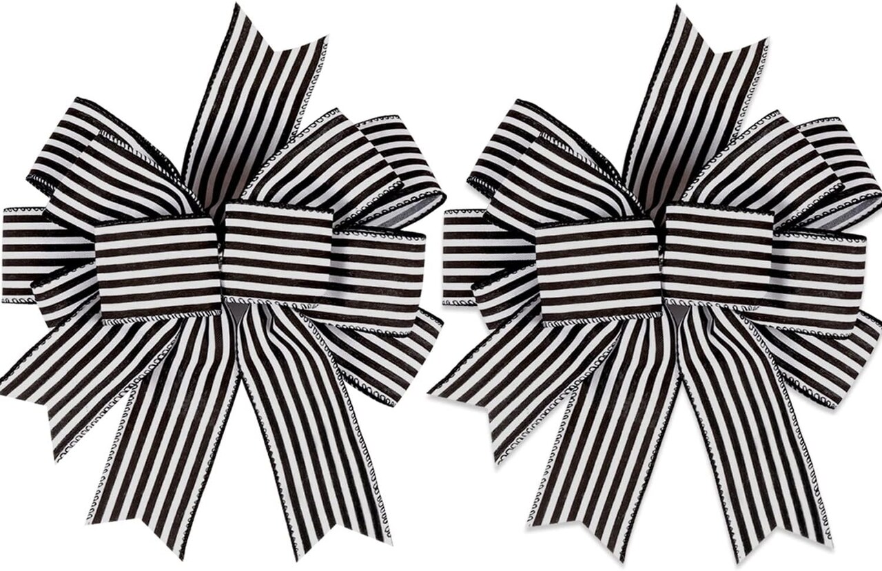 2 Pack Black White Stripe Halloween Fall Bows for Wreaths,12”x9.4”Black and White Christmas Decorations Bow for Gift Wrapping Tree Topper Wedding Holiday Birthday Party Wall Home Front Door